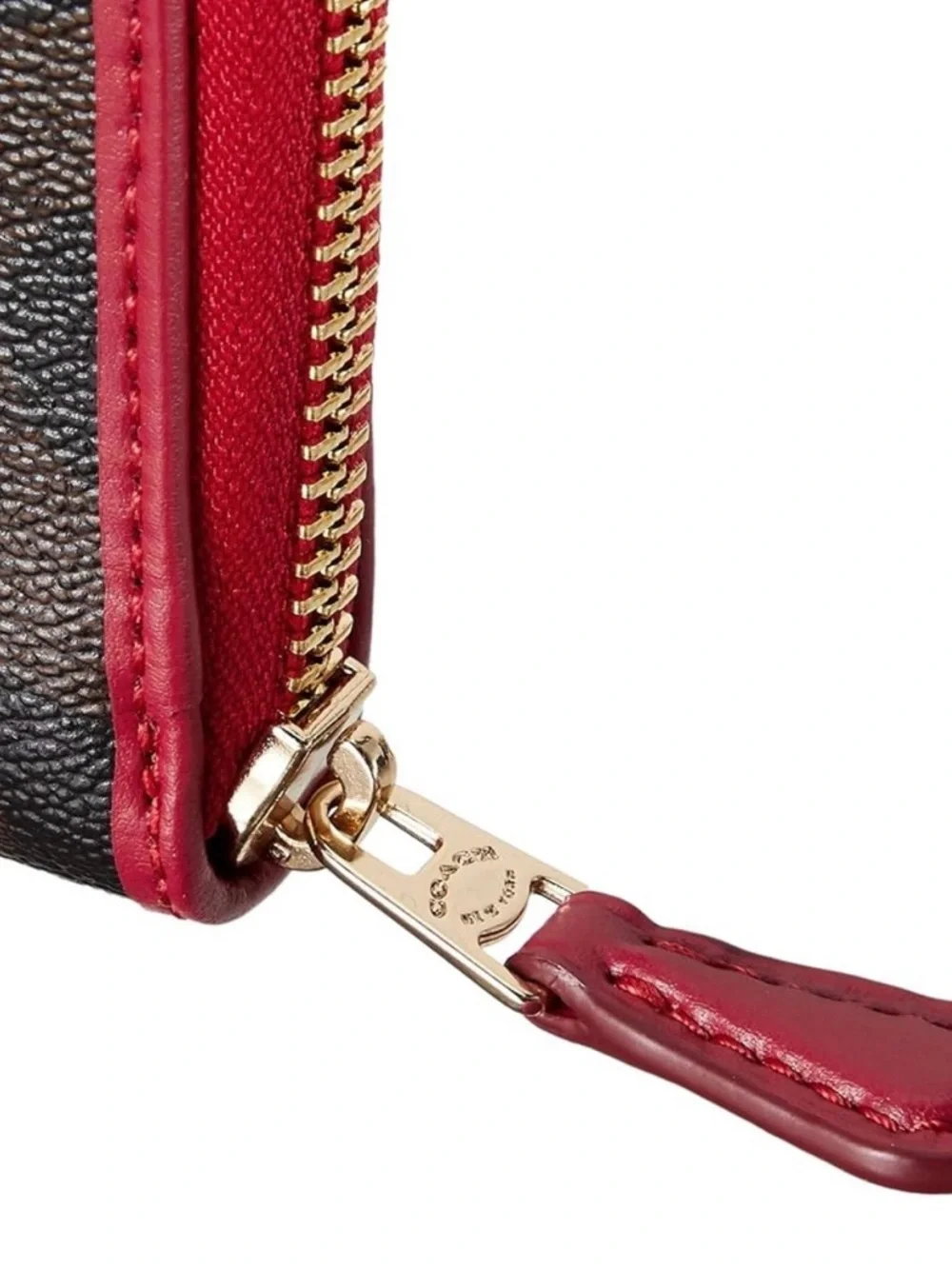 Coach Brown Signature Zip Wallet with Red Trim